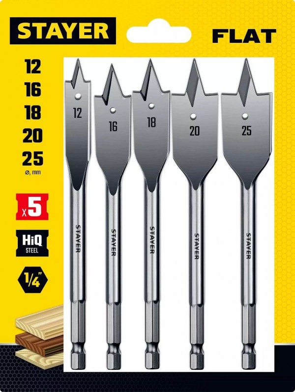 Набор сверл STAYER перовых по дереву, 5шт, d=12-16-18-20-25мм 2950-H5