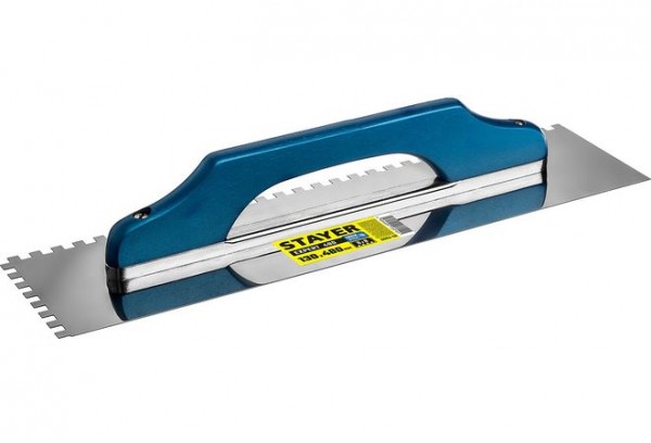 STAYER Eхpert 480 130х480мм, 8х8 мм, гладилка  "Швейцарская" нержавеющая с пластиковой ручкой, зубчатая, 0803-08