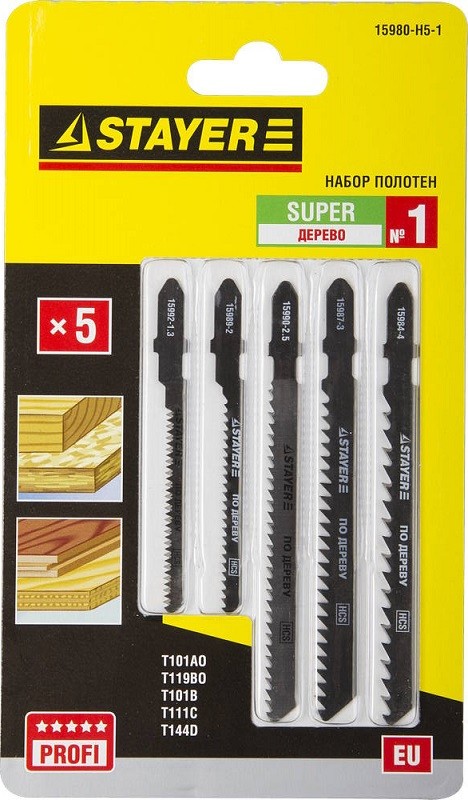 Набор STAYER "PROFI" Пилки "УНИВЕРСАЛ №1" для эл/лобзика, по дереву, EU-хвост., 5шт 15980-H5-1