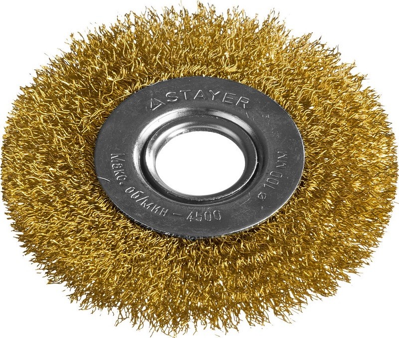 Щетка STAYER "PROFESSIONAL" дисковая  для УШМ, витая стальная латунированная проволока 0,3мм, 100мм/22мм, 35122-100