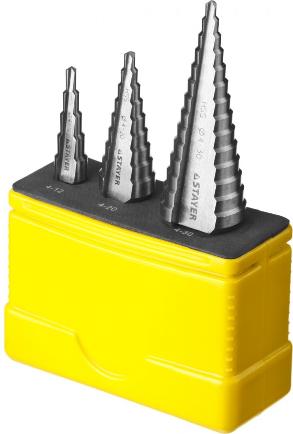 Набор STAYER "MASTER": Ступенчатые сверла по сталям и цвет.мет., сталь HSS, d=4-12мм,5 ступ. d 4-20 мм 9 ступ., d 4-30мм 14ступ. 29660-4-30-H3