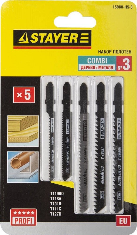 Набор STAYER "PROFI" Пилки "УНИВЕРСАЛ №3" для эл/лобзика, по дереву, мет. и пласт., EU-хвост., 5шт 15980-H5-3