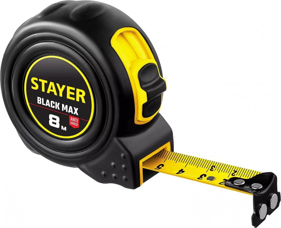 STAYER BlackMax 8м / 25мм рулетка в ударостойком полностью обрезиненном корпусе  и двумя фиксаторами, 3410-08_z02