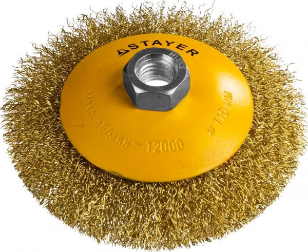 Щетка STAYER "PROFESSIONAL" коническая с посадочным М14, витая латунированная стальная проволока 0.3мм, d=115мм, 35133-115