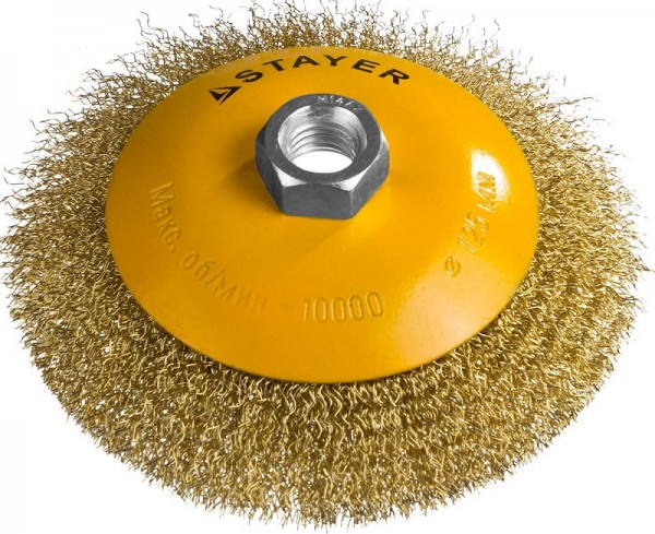 Щетка STAYER "PROFESSIONAL" коническая с посадочным М14, витая латунированная стальная проволока 0.3мм, d=125мм, 35133-125