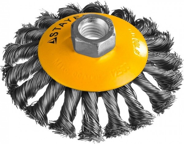 Щетка STAYER "PROFESSIONAL" коническая с посадочным М14, плетёные пучки проволоки 0.5мм, d=100мм, 35135-100
