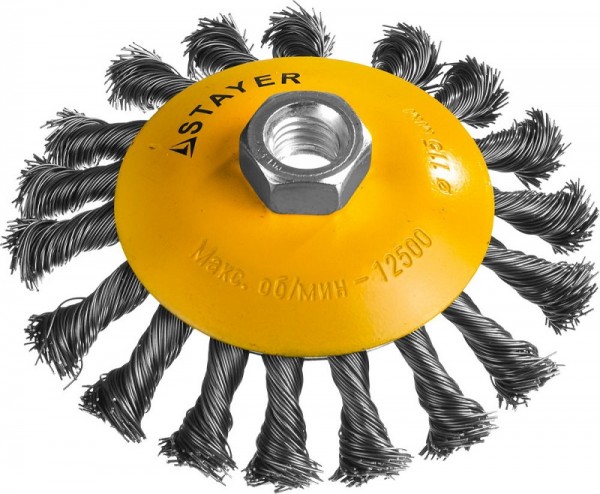 Щетка STAYER "PROFESSIONAL" коническая с посадочным М14, плетёные пучки проволоки 0.5мм, d=115мм, 35135-115