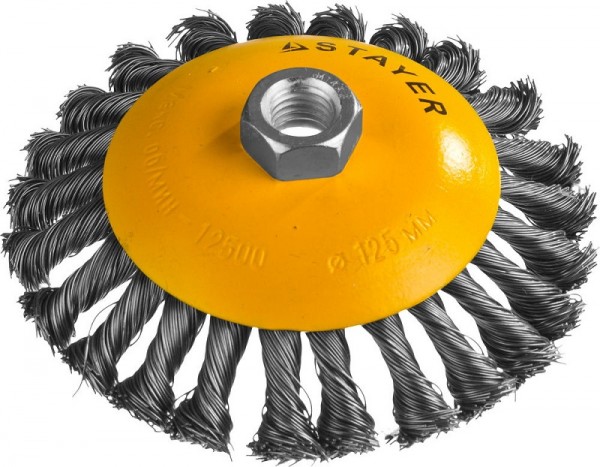 Щетка STAYER "PROFESSIONAL" коническая с посадочным М14, плетёные пучки проволоки 0.5мм, d=125мм, 35135-125
