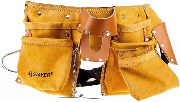 Пояс STAYER "MASTER" для инструментов, кожаный, 10 карманов, 3 подвески 38512