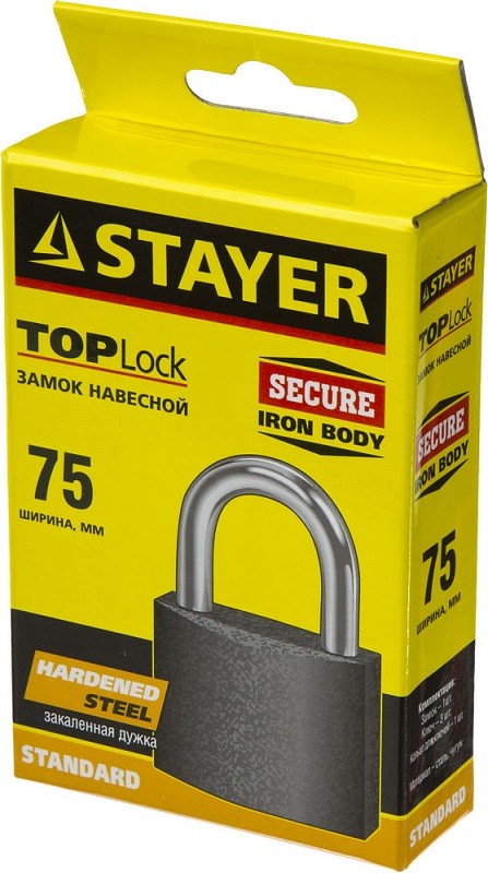 Замок STAYER "STANDARD" навесной, металлический корпус, закаленная дужка, 75 мм, 37160-75