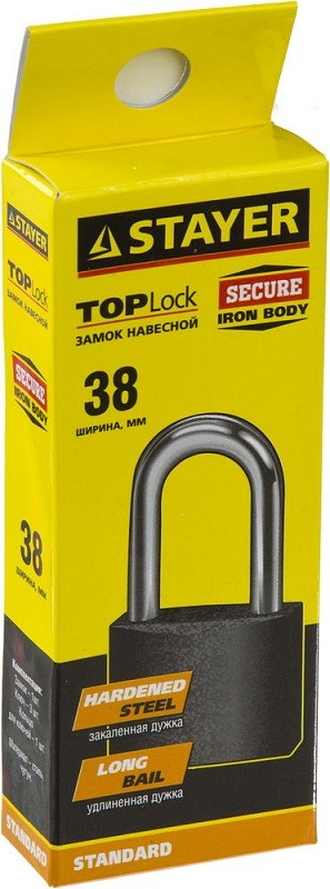 Замок STAYER "STANDARD" навесной, металлический корпус, удлиненная закаленная дужка, 38мм, 37160-38-1