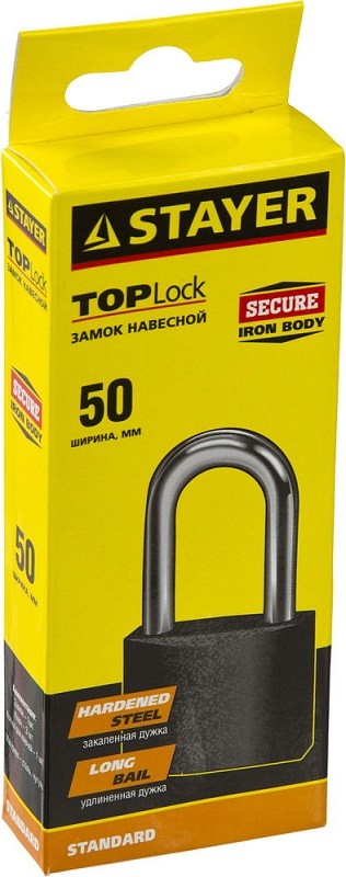 Замок STAYER "STANDARD" навесной, металлический корпус, удлиненная закаленная дужка, 50 мм, 37160-50-1