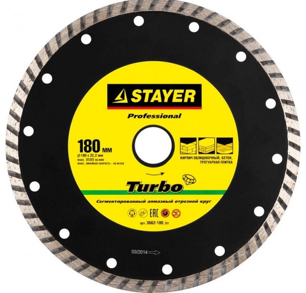Круг STAYER "PROFESSIONAL" "TURBO" сегментированный отрезной алмазный 3662-180_z01