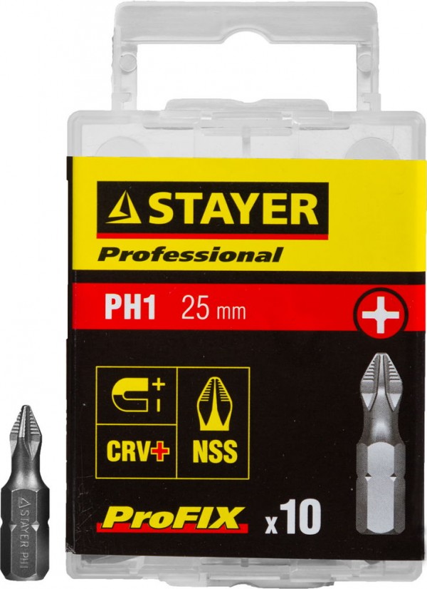 Биты STAYER "PROFESSIONAL" ProFix Phillips, тип хвостовика C 1/4", № 1, L=25мм, 10шт, 26201-1-25-10_z01