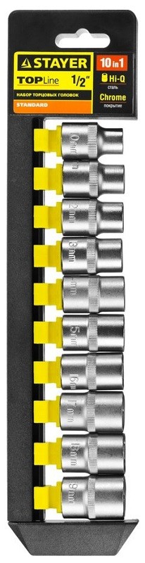 Набор STAYER "STANDARD": Торцовые головки (1/2") на пластиковом рельсе, 10-19мм, 10 предметов 27755-H10