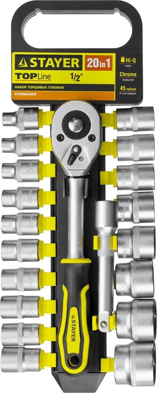 Набор STAYER "STANDARD": Торцовые головки (1/2") на пластиковом рельсе, трещотка, удлинитель, 8-32мм, 20 предметов 27750-H20