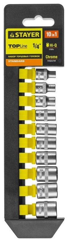 Набор STAYER "STANDARD": Торцовые головки (1/4") на пластиковом рельсе, 4-13мм, 10 предметов 27758-H10