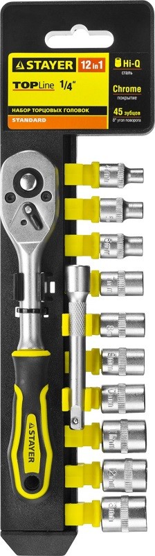 Набор STAYER "STANDARD": Торцовые головки (1/4") на пластиковом рельсе, трещотка, удлинитель, 4-13мм, 12 предметов 27754-H12