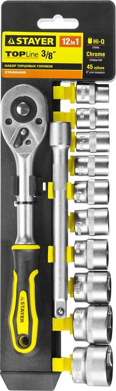 Набор STAYER "STANDARD": Торцовые головки (3/8") на пластиковом рельсе, трещотка, удлинитель, 10-24мм, 12 предметов 27752-H12