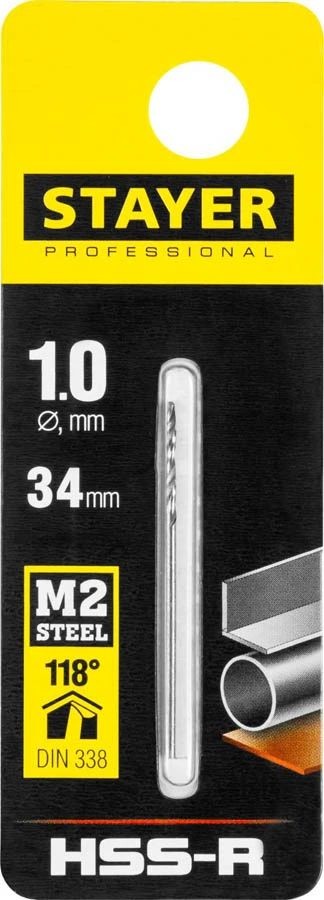 Сверло STAYER 1.0х34мм по металлу HSS-R, быстрорежущая сталь М2(S6-5-2), "PROFI" 29602-1