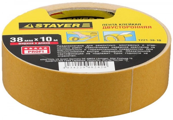 Лента STAYER "MASTER" клейкая двусторонняя 1221-38-10