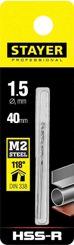 Сверло STAYER 1.5х40мм по металлу HSS-R, быстрорежущая сталь М2(S6-5-2), "PROFI" 29602-1.5