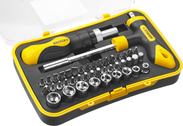 Набор STAYER "MASTER" "ТECHNO": Отвертки реверсивная, Т-образная отвертка-битодержатель, адаптер для торц. голов,43 предм. 25084-H43