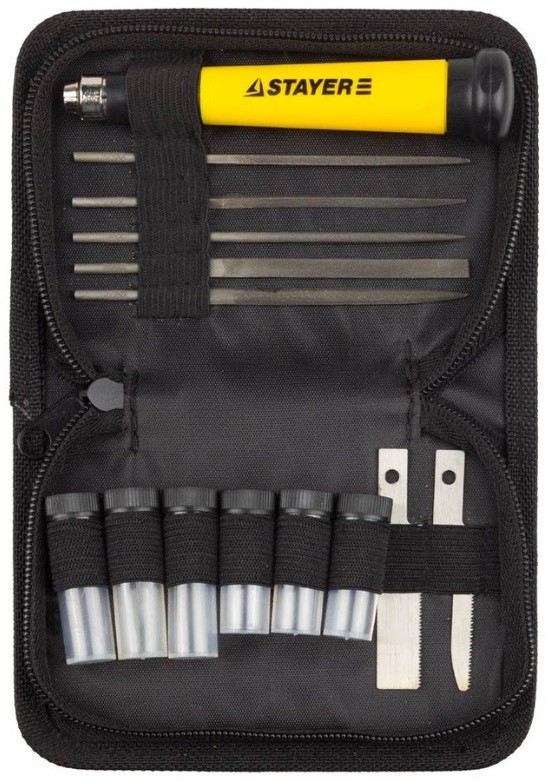Набор STAYER Нож “MASTER” для точных работ в комплекте с лезвиями различной формы и надфилями, в чехле,38 предметов 09145-H38