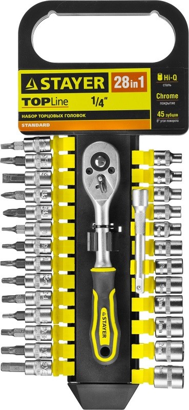 Набор STAYER "STANDARD": Торцовые головки, биты-головки (1/4") на пластик рельсе, трещотка, удл-тель, 4-13мм, 28 пр. 27754-H28