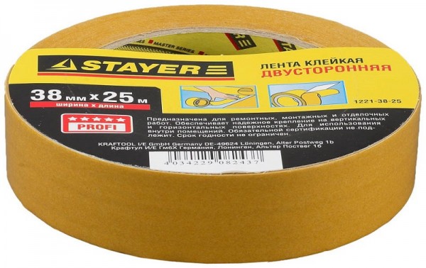 Лента STAYER "MASTER" клейкая двусторонняя 1221-38-25