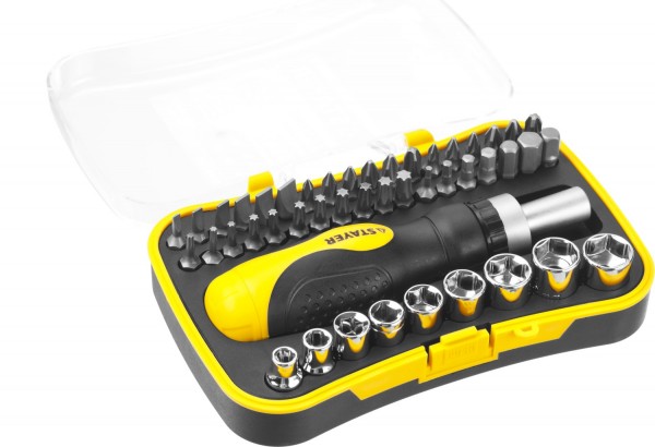 Набор STAYER "MASTER" "ТECHNO": Отвертки, реверс отвертка, биты 35 шт, адаптер для торц. голов, торц. голов 9шт, 46 предм. 25084-H46