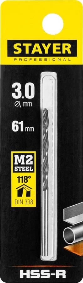 Сверло STAYER 3х61мм по металлу HSS-R, быстрорежущая сталь М2(S6-5-2), "PROFI" 29602-3