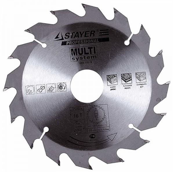 Диск пильный STAYER "FAST CUT" по дереву, 156,5мм х 12,7мм х 16Т 3680-156-16