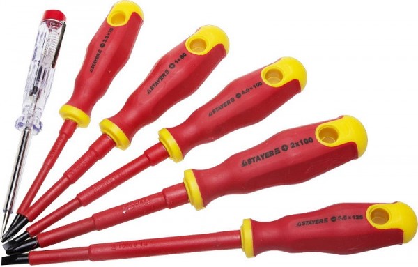 Набор STAYER "PROFI" "ELECTRO": Отвертки диэлектрические, тестер, 100-250В, Cr-V, 6шт, 25145-H6_z01