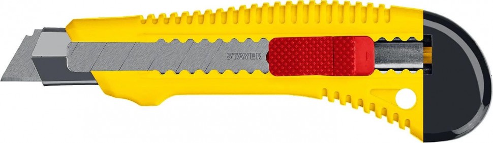 Нож STAYER "FORCE-M", с сегментированным лезвием 18мм, с метал. направляющей и сдвижным фиксатором 0913_z01