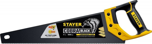 Ножовка универсальная (пила) STAYER "Cobra BLACK" 400 мм, 7TPI, тефлон покрытие, рез вдоль и поперек волокон, для средних заготовок, фанеры, ДСП, МДФ 2-15081-40_z01
