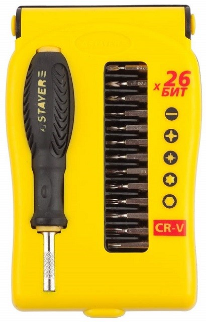 Набор STAYER: Отвертки для точных работ, Cr-V, Cr сменные биты, обрезиненная рукоятка, 28 предметов, 25614-H28