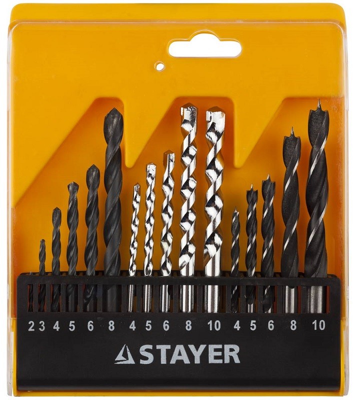 Набор STAYER "STANDARD": Сверла комбинированные, дерево (4-5-6-8-10мм), металл (2-3-4-6-8мм), бетон (4-5-6-8-10мм), 16 предметов, 29720-H16