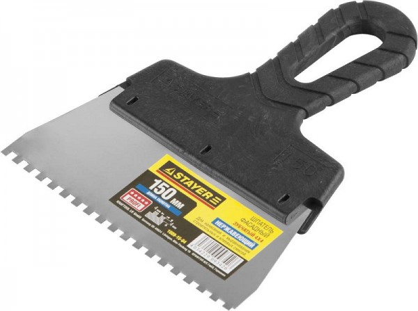 Шпатель STAYER "PROFESSIONAL" нержавеющий зубчатый с пластмассовой ручкой, 150мм, зуб 4х4мм 1009-15-04