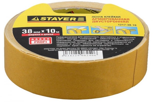 Лента STAYER "PROFI" клейкая, двусторонняя, на тканевой основе 1217-38-10