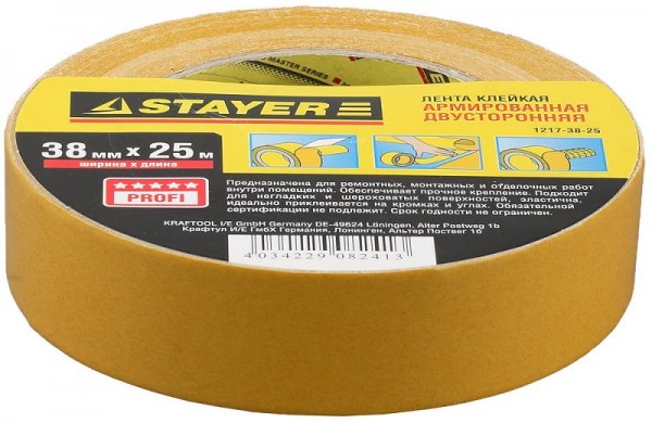 Лента STAYER "PROFI" клейкая, двусторонняя, на тканевой основе 1217-38-25