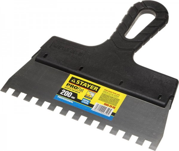 Шпатель STAYER "PROFESSIONAL" нержавеющий зубчатый с пластмассовой ручкой, 200мм, зуб 8х8мм 1009-20-08