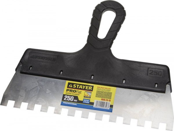 Шпатель STAYER "PROFESSIONAL" нержавеющий зубчатый с пластмассовой ручкой, 250мм, зуб 10х10мм 1009-25-10