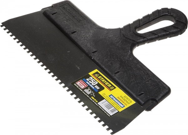 Шпатель STAYER "PROFESSIONAL" нержавеющий зубчатый с пластмассовой ручкой, 250мм, зуб 4х4мм 1009-25-04