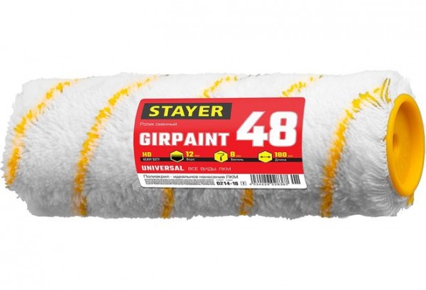 Ролик сменный GIRPAINT 48, 180 мм, d=48 мм, ворс 12 мм, ручка d=8 мм, STAYER, 0214-18_z01