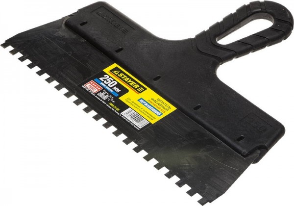 Шпатель STAYER "PROFESSIONAL" нержавеющий зубчатый с пластмассовой ручкой, 250мм, зуб 6х6мм 1009-25-06