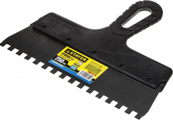 Шпатель STAYER "PROFESSIONAL" нержавеющий зубчатый с пластмассовой ручкой, 250мм, зуб 8х8мм 1009-25-08