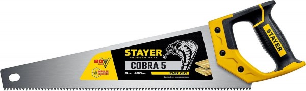 Ножовка по дереву (пила) STAYER "Cobra 5" 400 мм, 5 TPI, прямой крупный зуб 5 TPI: быстрый рез поперек волокон, для крупных и средних заготовок 1506-40_z02