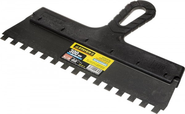 Шпатель STAYER "PROFESSIONAL" нержавеющий зубчатый с пластмассовой ручкой, 300мм, зуб 10х10мм 1009-30-10