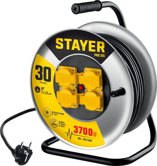 STAYER  PRO 315 КГ 3х1.5 30м 3700Вт IP44, Силовой удлинитель на стальной катушке (55077-30_z01)